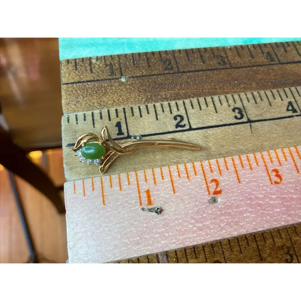 Vintage Gold Tone Pronged Jade Faux‎ Diamonds Brooch Green Flower Pin